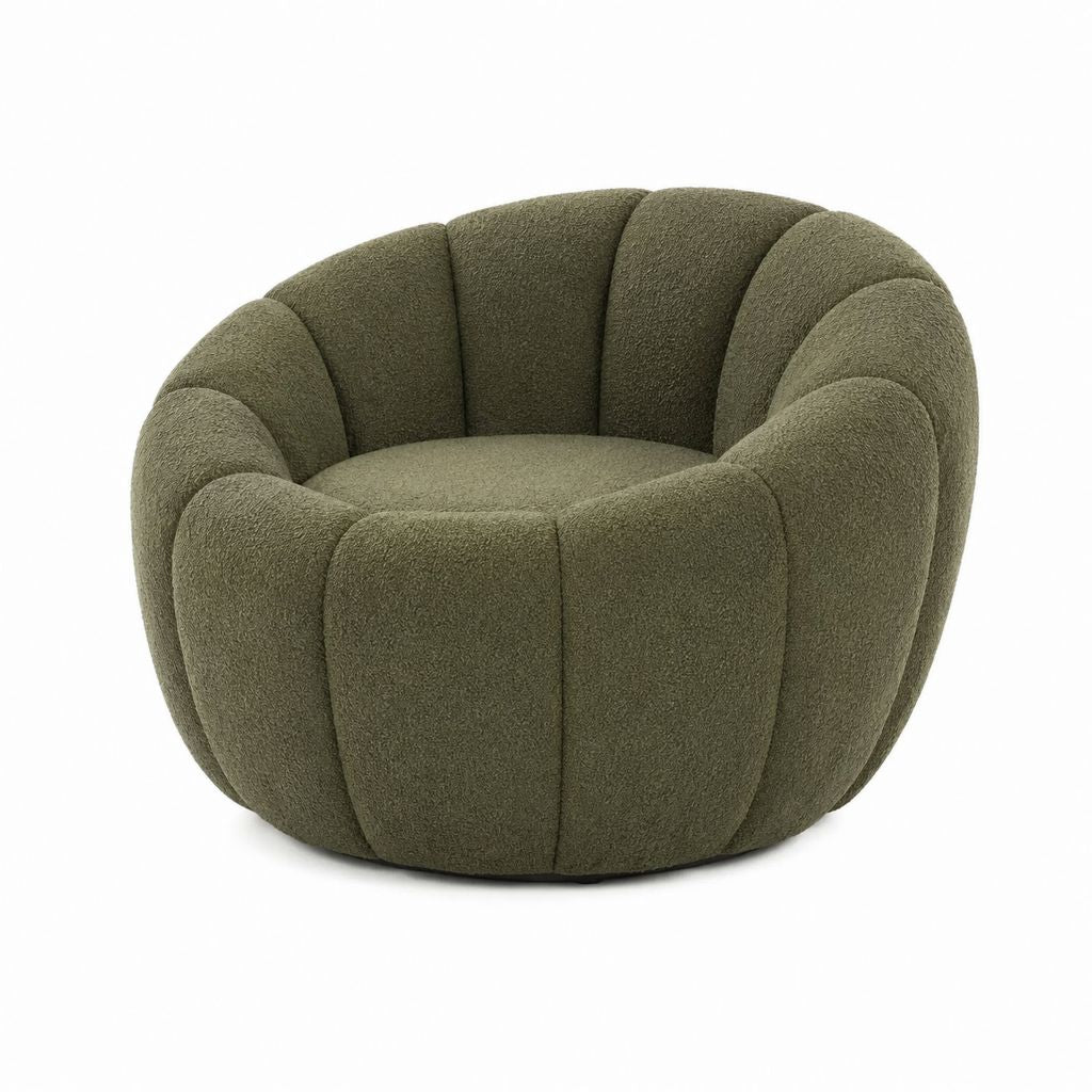 Fauteuil lounge arrondi vert olive en polyester bouclette 90 x 85 x 75 cm