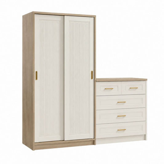 Ensemble armoire de chambre à portes coulissantes et commode 190 x 60 x 200 cm beige et chêne en panneaux de particules