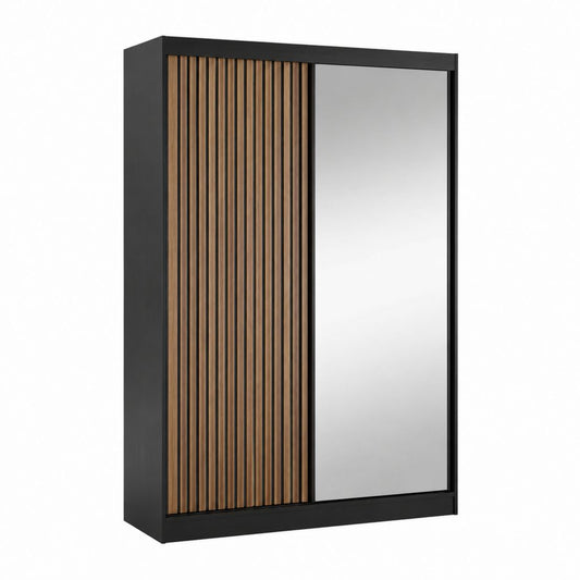 Armoire 2 portes coulissantes noire et chêne avec miroir 120 x 60 x 200 cm