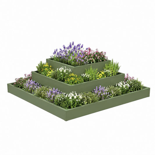 Jardinière surélevée pyramidale à 3 niveaux en acier galvanisé vert 120 x 120 x 60 cm