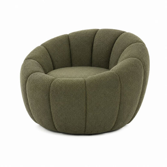Fauteuil lounge arrondi vert olive en polyester bouclette 90 x 85 x 75 cm