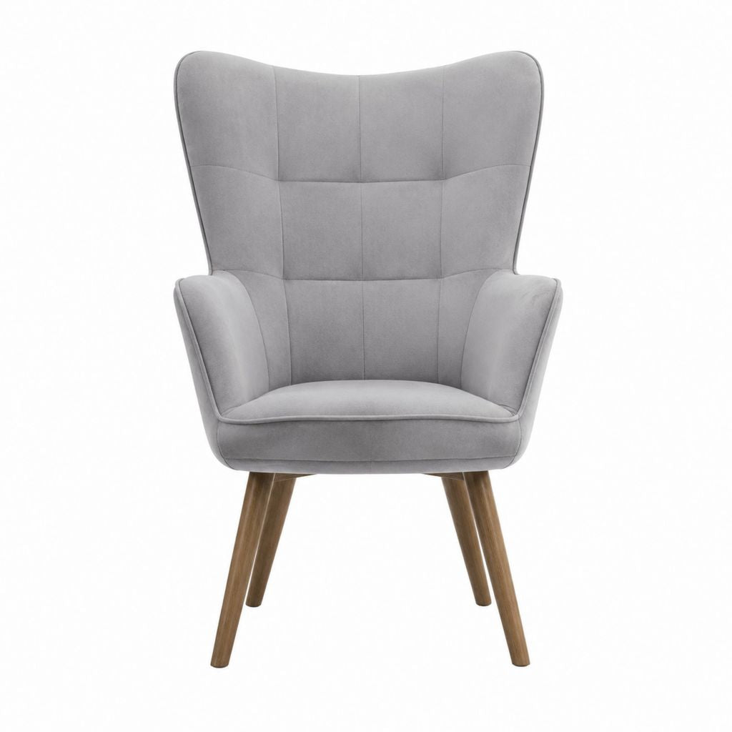 Fauteuil à oreilles gris en polyester effet velours avec pieds en bois massif 75 x 80 x 105 cm