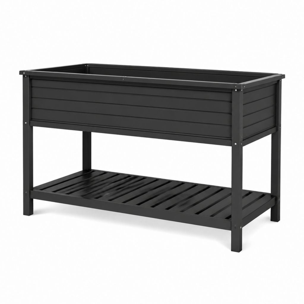 Jardinière surélevée rectangulaire noire en acier 120 x 60 x 90 cm avec étagère