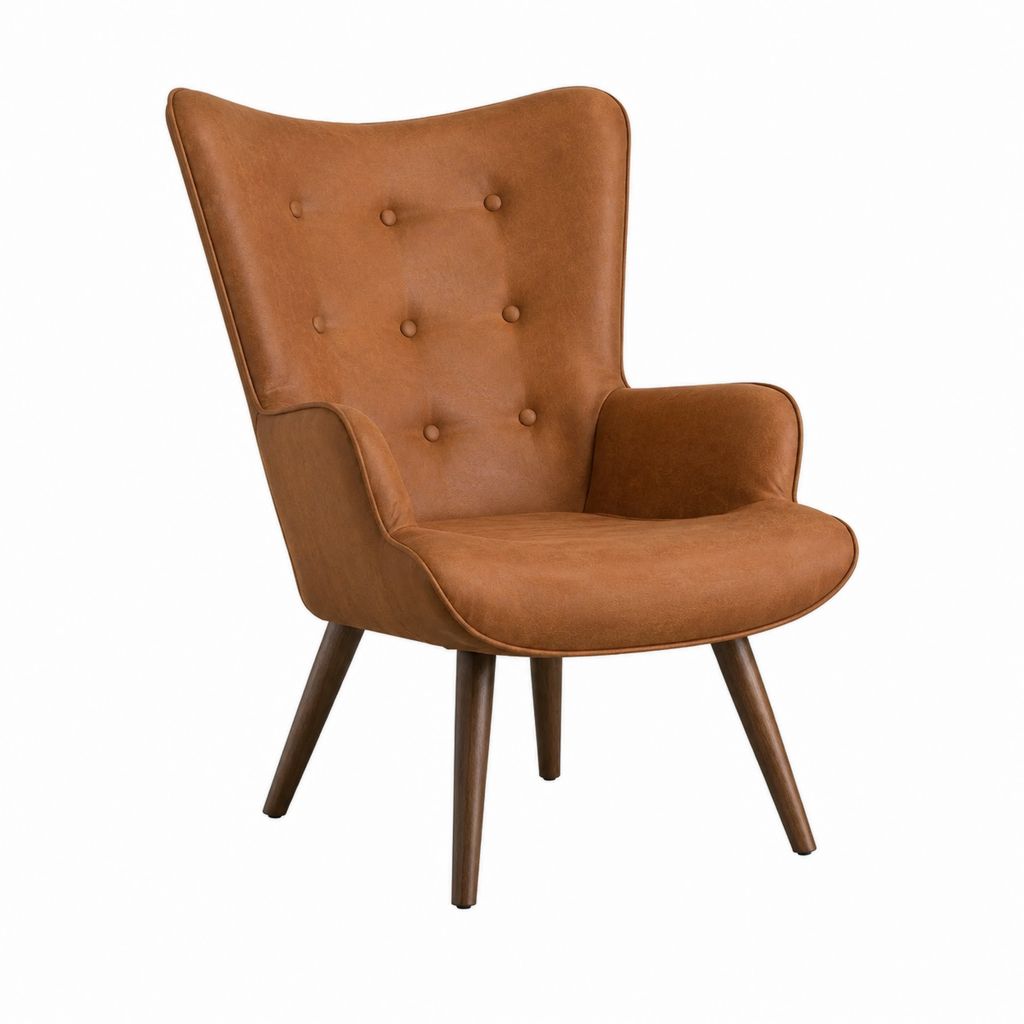 Fauteuil lounge à oreilles cognac en similicuir PU avec pieds en bois massif 68 x 78 x 98 cm