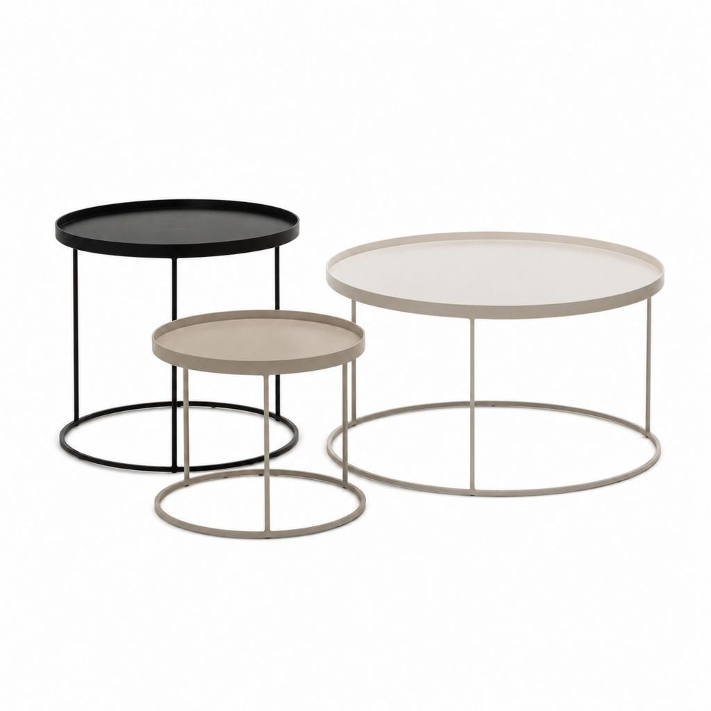 Lot de 3 tables d'appoint rondes en acier noir beige et blanc Ø 70 x H 45 cm