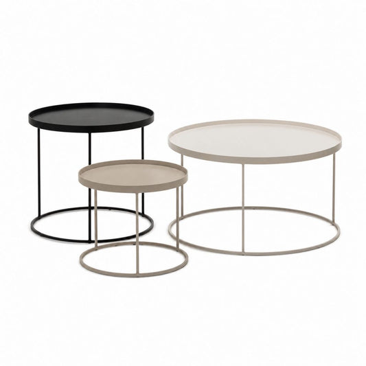 Lot de 3 tables d'appoint rondes en acier noir beige et blanc Ø 70 x H 45 cm