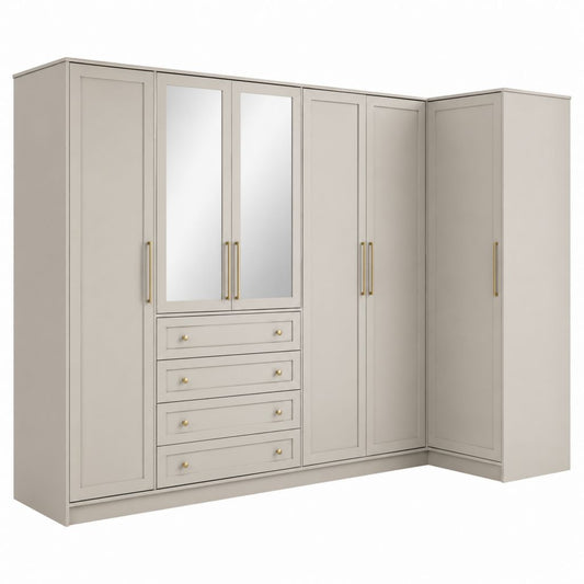 Armoire d’angle 6 portes avec miroirs beige en panneaux de particules mélaminés 340 x 120 x 220 cm