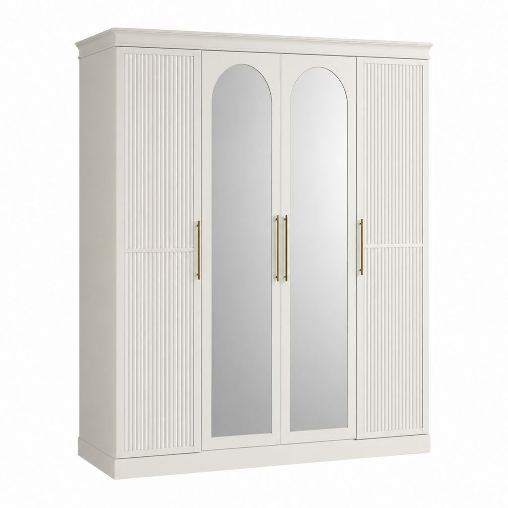 Armoire 4 portes blanc cassé en MDF avec 2 miroirs 180 x 60 x 200 cm